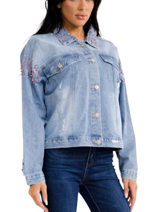 Jackets & Blazers - Pink Rhinestone Embellished Distressed Blue Washed Denim Jacket